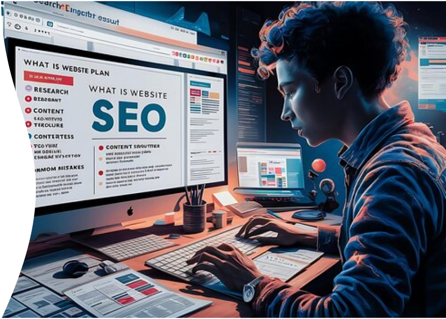 The image shows employee doing research on SEO.